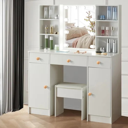 Miniatura 9 de Espejo de tocador con luces, escritorio y silla, 5 cajones y gabinete, mesa de maquillaje con espejo grande HD, 3 modos de iluminación, mesa