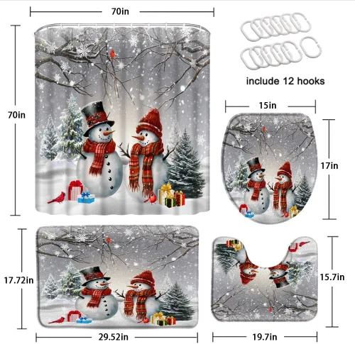 Miniatura 2 de Juego de 4 cortinas de ducha de invierno de Navidad con alfombras, cubierta de tapa de inodoro, lindo muñeco de nieve, copo de nieve, pájaros rojos