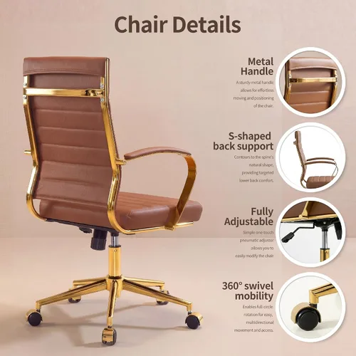Miniatura 4 de Okeysen Silla de escritorio de oficina dorada, sillas ergonómicas de cuero modernas para sala de conferencias, silla ejecutiva acanalada ajustable