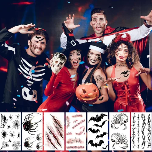 Miniatura 5 de 23 hojas de tatuajes de bromista de Halloween para hombres, mujeres y adultos, tatuajes temporales falsos de cara de Halloween, serpiente