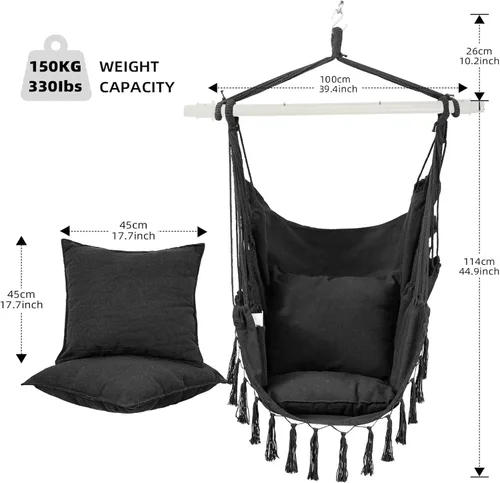 Miniatura 3 de Goutime Silla tipo hamaca, columpio de techo de cuerda colgante con 2 cojines, sillas bohemias colgantes de macramé para interiores, exteriores