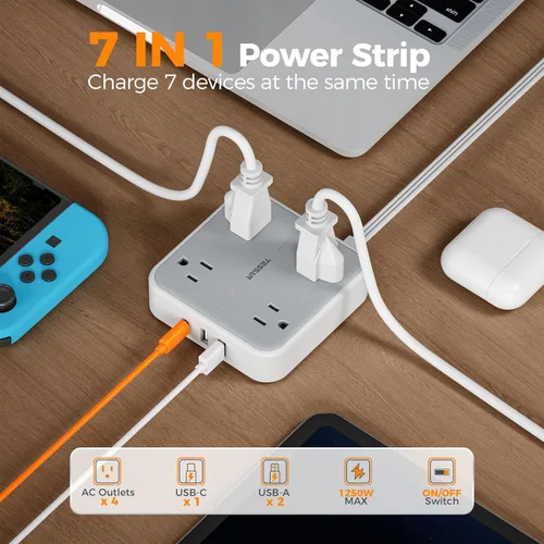 Miniatura 2 de TESSAN Cable de extensión plano con protector de sobretensiones de 5 pies, regleta de alimentación de enchufe plano con 4 tomas, 3 puertos USB