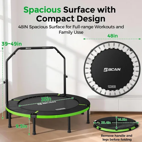 Miniatura 9 de BCAN SP3 40"/48" Foldable Mini Trampoline, Rebounder Trampoline for Adults, U/T Adjustable Foam Handle, Exercise Rebounder for Adults Indoor/Garden
