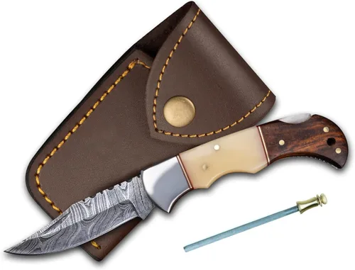 Miniatura 20 de Cuchillo de bolsillo de hueso de camello de acero damascus para hombres, regalos plegables de cuchillo de hoja para él, cuchillos hechos a mano