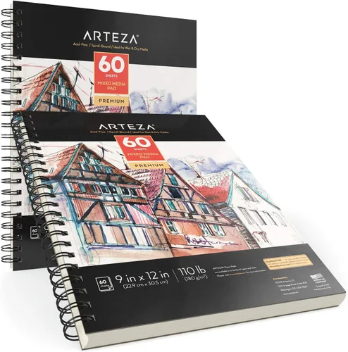 Miniatura 6 de ARTEZA Cuaderno de bocetos de medios mixtos, 9 x 12 pulgadas, paquete de 2, 60 hojas encuadernadas en espiral, papel sin ácidos de 110 libras