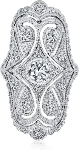 Bling Jewelry - Anillo estilo Art Deco, antiguo, boho, vintage, negro, blanco, azul, verde, calado, pavimentado con CZ, corazón ancho, largo,