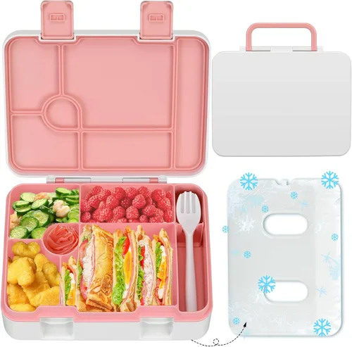 Miniatura 15 de Fiambrera Bento para niños con paquete de hielo, caja Bento a prueba de fugas de 5 compartimentos con utensilios, capacidad de 5.5 tazas