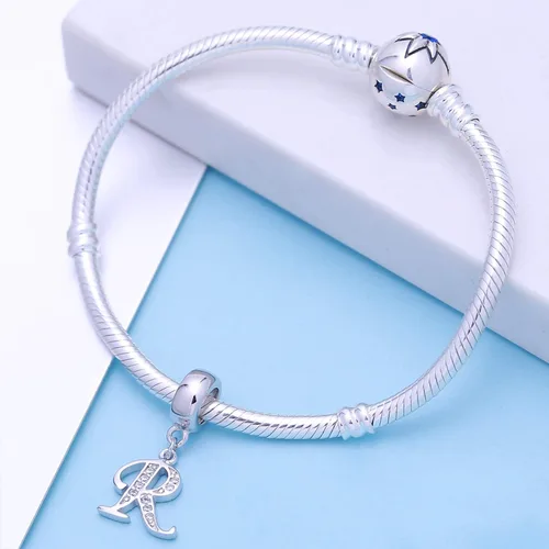 Miniatura 81 de ABUN Abalorio de plata de ley 925 con letra A a la Z, espaciador de inicial, con circonita cúbica transparete colgante, auténtica, para pulseras