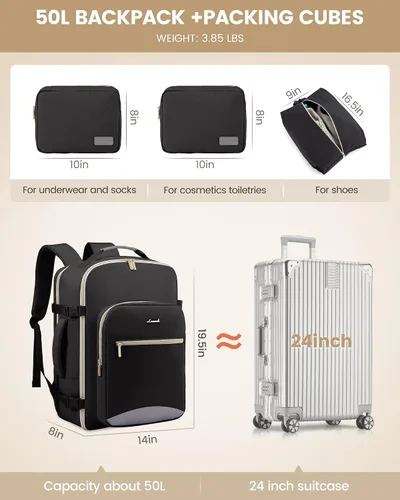Miniatura 5 de LOVEVOOK Mochila de viaje de 50 L para mujeres y hombres, impermeable, aprobada por aerolíneas, equipaje de mano, artículos esenciales de viaje