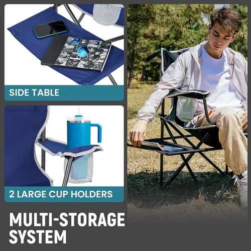 Miniatura 5 de FUNDANGO Sillas de camping plegables para adultos, sillas de playa de gran tamaño con bandeja de mesa, silla de césped resistente con portavasos