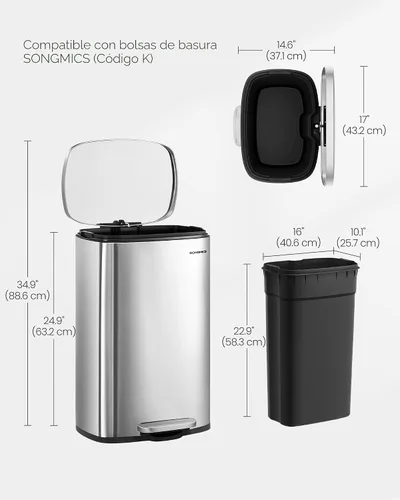 Miniatura 6 de SONGMICS Cubo de basura de 13 galones (50 L), cubo de basura de cocina de acero inoxidable, reciclaje o contenedor de residuos, cierre suave, pedal