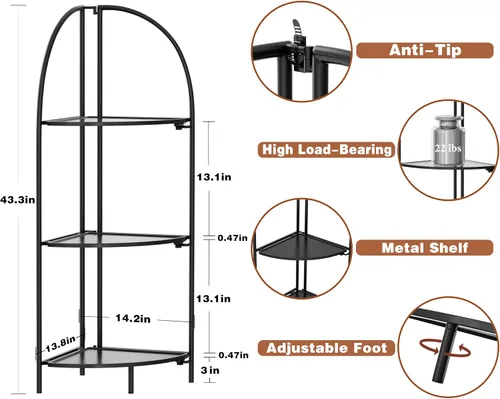 Miniatura 3 de Crofy Estante esquinero plegable de 3 niveles, soporte de esquina de metal para plantas con marco negro y estantes negros, estante de exhibición