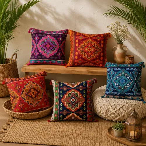 Miniatura 7 de Juego de 5 fundas de almohada étnicas indias para sofá, decoración de árabe occidental, juego de 5 fundas coloridas de estilo bohemio para sofá
