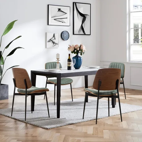 Miniatura 23 de LUNLING Sillas de comedor modernas de mediados de siglo, silla retro beige de piel sintética con asiento tapizado de madera curvada de nogal, patas