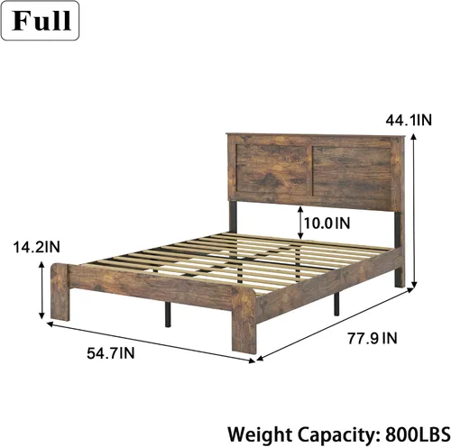 Miniatura 2 de Base de cama de tamaño matrimonial con cabecero, plataforma de madera rústica con soporte de 12 listones de madera, no necesita somier, sin ruido