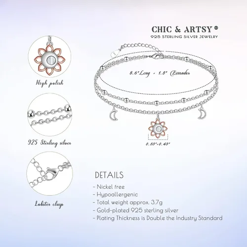 Miniatura 110 de CHIC & ARTSY Tobilleras delicadas de plata de ley S925 para verano, pulsera de tobillo ajustable multicapa para playa, joyería de pie para mujer