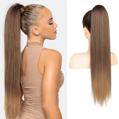 Miniatura 20 de Flufymooz - Extensión de cola de caballo de 26 pulgadas, extensiones de cabello con cordón y clip rectas, cola de caballo falsa natural suave