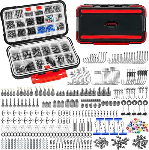MadBite by KastKing 182/265/400pcs Compact Fishing Tackle Kit - All-in-One Freshwater Hooks, Weights, Bobbers in Tackle Box, Fishing Gear Set for