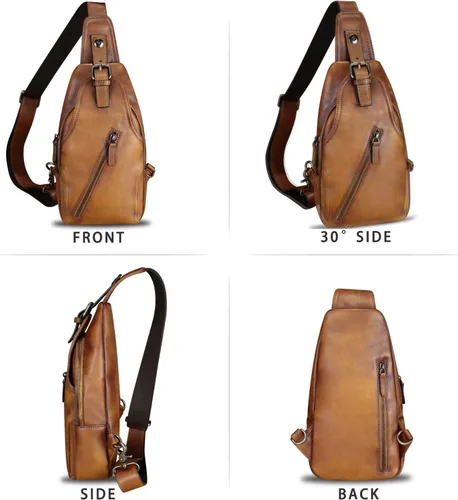 Miniatura 5 de Bolso bandolera de cuero genuino para mujeres y hombres, estilo vintage, de cuero real, a la moda, bandolera, Marrón