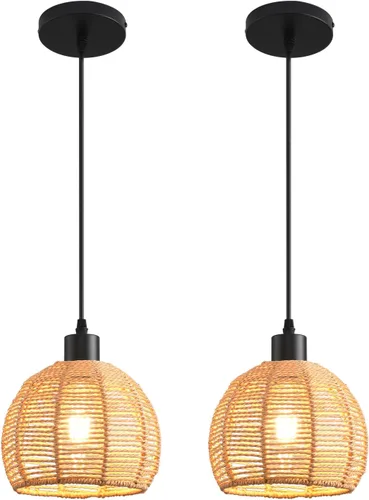 Miniatura 19 de Lámpara Colgante Tejida Candelabro Bohemio, Luces Colgantes de Ratán Isla de Cocina, Iluminación Colgante de Granja con Pantalla de Mimbre Tejida a