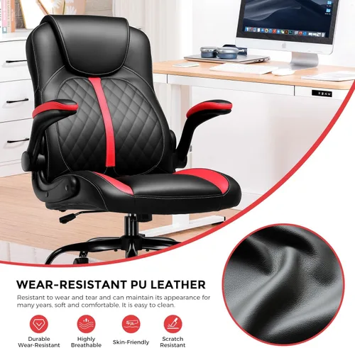 Miniatura 8 de COMHOMA Silla ergonómica para juegos de oficina para adultos, con soporte lumbar, brazos abatibles, altura ajustable, ruedas giratorias de piel Nred