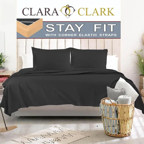 Clara Clark Juegos de sábanas de la serie 1800 – Mantente en forma en el colchón con correas elásticas en las esquinas – Queen, negro
