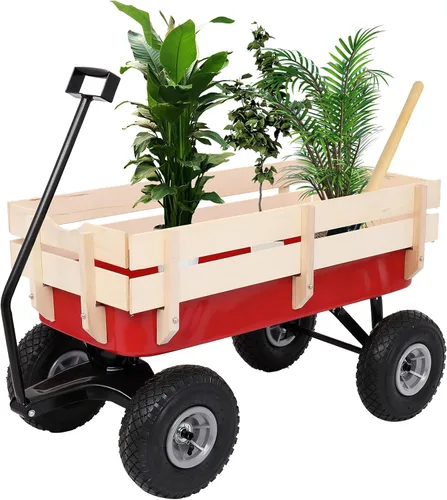 Outvita Carro de carga todo terreno para exteriores con neumáticos de aire de 10 pulgadas, estructura de acero, carro de soporte lateral de madera