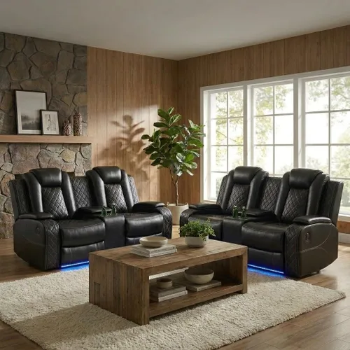 Miniatura 13 de Juego de sofá de cuero reclinable eléctrico, 3 piezas, asientos de cine en casa con luces LED, carga inalámbrica, puertos USB, consola de Negro