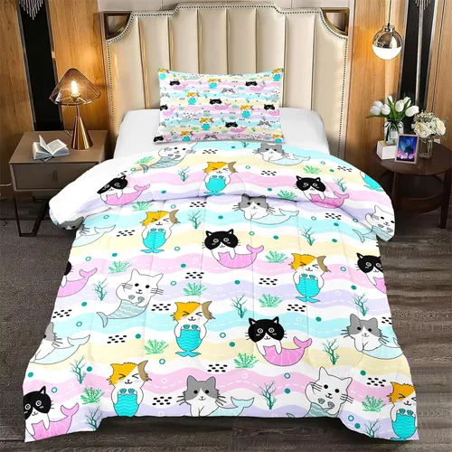 Miniatura 23 de Juego de ropa de cama de tamaño individual, edredón de gatos de dibujos animados para niñas, niños y adolescentes, juego de edredón azul