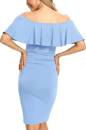 Miniatura 5 de Vestido de maternidad ajustado con volantes y hombros descubiertos, vestido de embarazo formal para baby showerfotografía