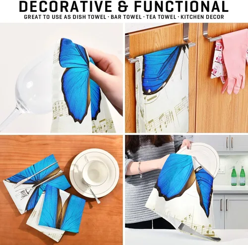 Miniatura 7 de Blue Butterfly Retro Musical Notes Kitchen Towels Set, 28x18 Inch Bulk Spring Towels Kitchen, Set of 4