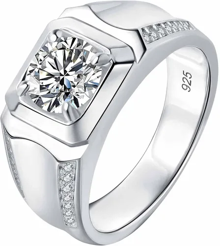 SweetJew Anillo de boda de moissanita para hombre, plata de ley 925, 2cttw D, color VVS1, claridad brillante, corte redondo, anillos de promesa para