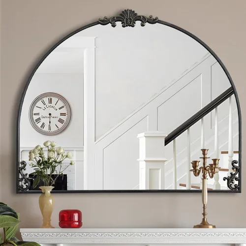 Miniatura 8 de POZINO Espejo arqueado negro, espejos de pared barrocos, espejo adornado tradicional de 36 x 30 pulgadas, espejos victorianos antiguos de granja