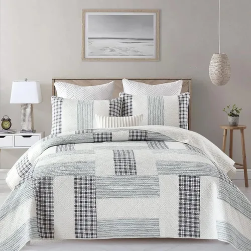 Miniatura 8 de Finlonte Colcha Tamaño King 100% Algodón Ligera Suave Colcha King de Patchwork Real a Cuadros Acolchada Cubrecama Marrón Beige Gris Colcha