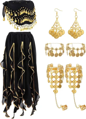 Miniatura 22 de Haysandy Conjunto de 8 piezas de danza del vientre para mujer, falda de danza del vientre, bufanda de cadera, 2 pulseras, aretes, pulsera de tobillo