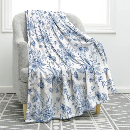 Jekeno Manta Floral de Regalo para Mujeres Niñas Mamá Abuela Cumpleaños Navidad Decoraciones de Fiesta Azul Blanco Estampado de Flores Vintage