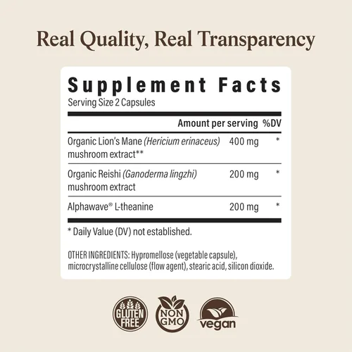 Miniatura 9 de Real Mushrooms Calm Lions Mane Cápsulas (90 unidades) – 400 mg extractos corporales fructíferos de melena de león orgánicos, 200 mg de Reishi
