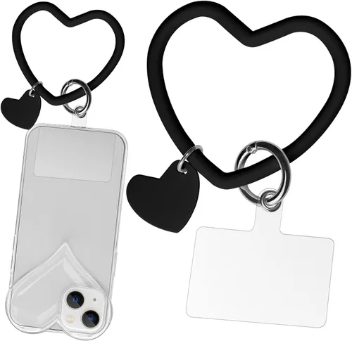 Correa de silicona en forma de corazón para teléfono, correa de muñeca para teléfono celular con soporte para llavero, universal compatible con Negro