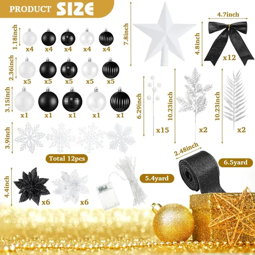 Miniatura 3 de Poen Juego de 108 adornos para árbol de Navidad, incluye bolas para árbol navideño, flor de pascua con purpurina, lazos, bayas, tallos, hojas, copos