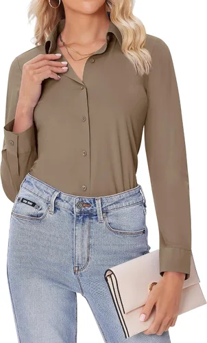 Miniatura 20 de siliteelon Camisas con botones para mujer, ajustadas, de manga larga, elásticas, de vestir, camisas de trabajo, sin arrugas, blusas de oficina