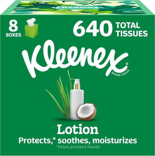 Kleenex Loción de pañuelos faciales con aceite de coco, 8 cajas de cubos, 80 pañuelos por caja, 3 capas