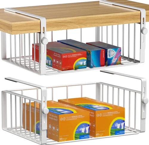 Miniatura 7 de AmonHouseware Paquete de 2 Organizadores de Canasta Bajo Estante, Soporte Colgante Ajustable de Almacenamiento para Gabinete Despensa Cocina Alacena