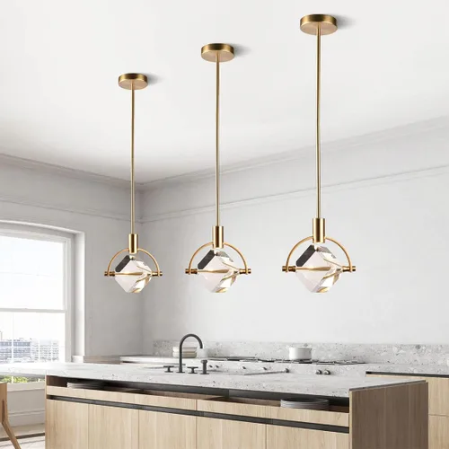 Miniatura 4 de Lámpara colgante de latón, lámpara colgante de cristal en forma de cubo para isla de cocina, moderna pequeña lámpara colgante de techo regulable