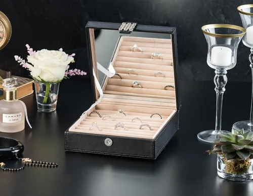 Miniatura 2 de Glenor Co Organizador de caja de anillos Soporte de joyería clásico de 54 ranuras Bandeja de almacenamiento con cierre de hebilla moderno, espejo