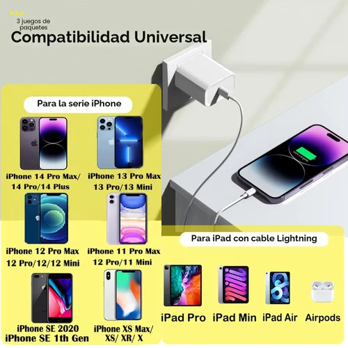 Miniatura 4 de Cargador rápido para iPhone, cable de carga de teléfono, paquete de 3 cargadores de iPhone de carga rápida de 6 pies, adaptador de carga USB C de 6