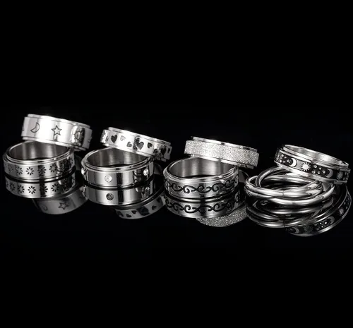 Miniatura 7 de KELAIEN 8 anillos de acero inoxidable para mujeres y hombres, anillos giratorios para ansiedad, anillos giratorios, flores, luna, estrella, sol