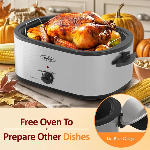 Miniatura 3 de Sunvivi Horno asador eléctrico con tapa visible, horno asador de pavo de 24 cuartos de galón con sartén y estante extraíbles, acero inoxidable