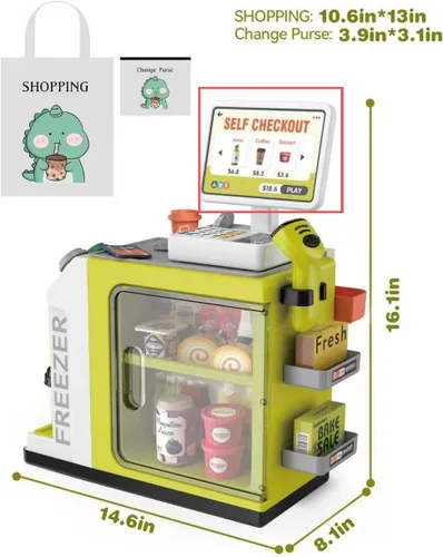Miniatura 6 de Juego de caja registradora para niños – 48 piezas de dinero de simulación, calculadora, escáner, tarjeta de crédito y comida de juego para niños