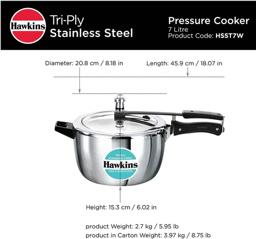 Miniatura 7 de HAWKINS Triply - Olla a presión de acero inoxidable, olla ancha, tapa interior, 7 litros, color plateado