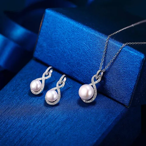 Miniatura 5 de EleQueen Juego de collar y aretes de plata de ley 925 con circonita cúbica AAA, color crema, perlas cultivadas de agua dulce, color marfil